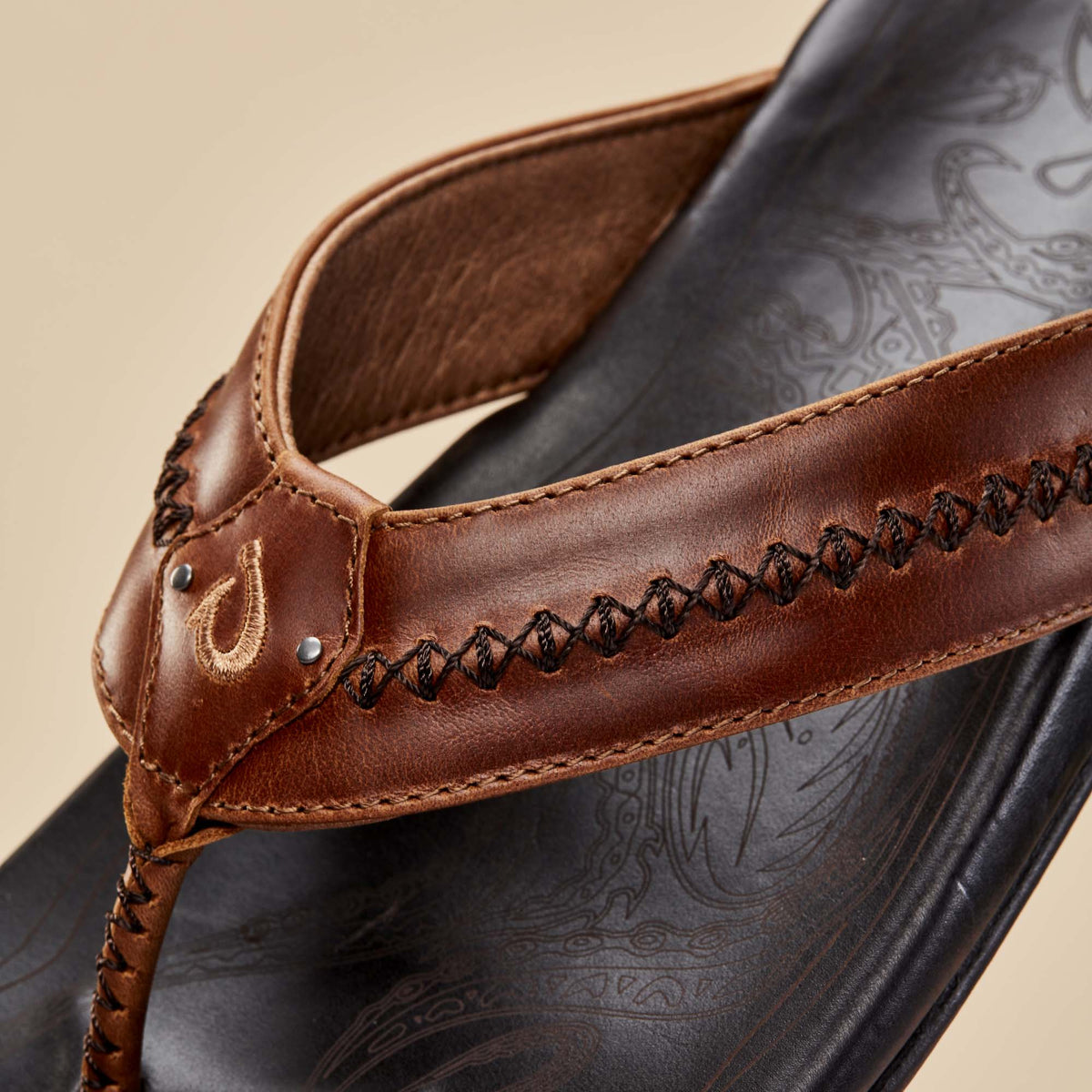 Mea Ola Men's Leather Beach Sandals - Tan / Dark Java