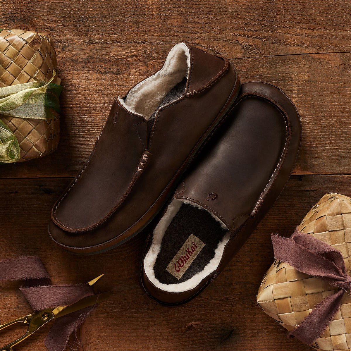 Moloa Men's Leather Slippers - Dark Wood