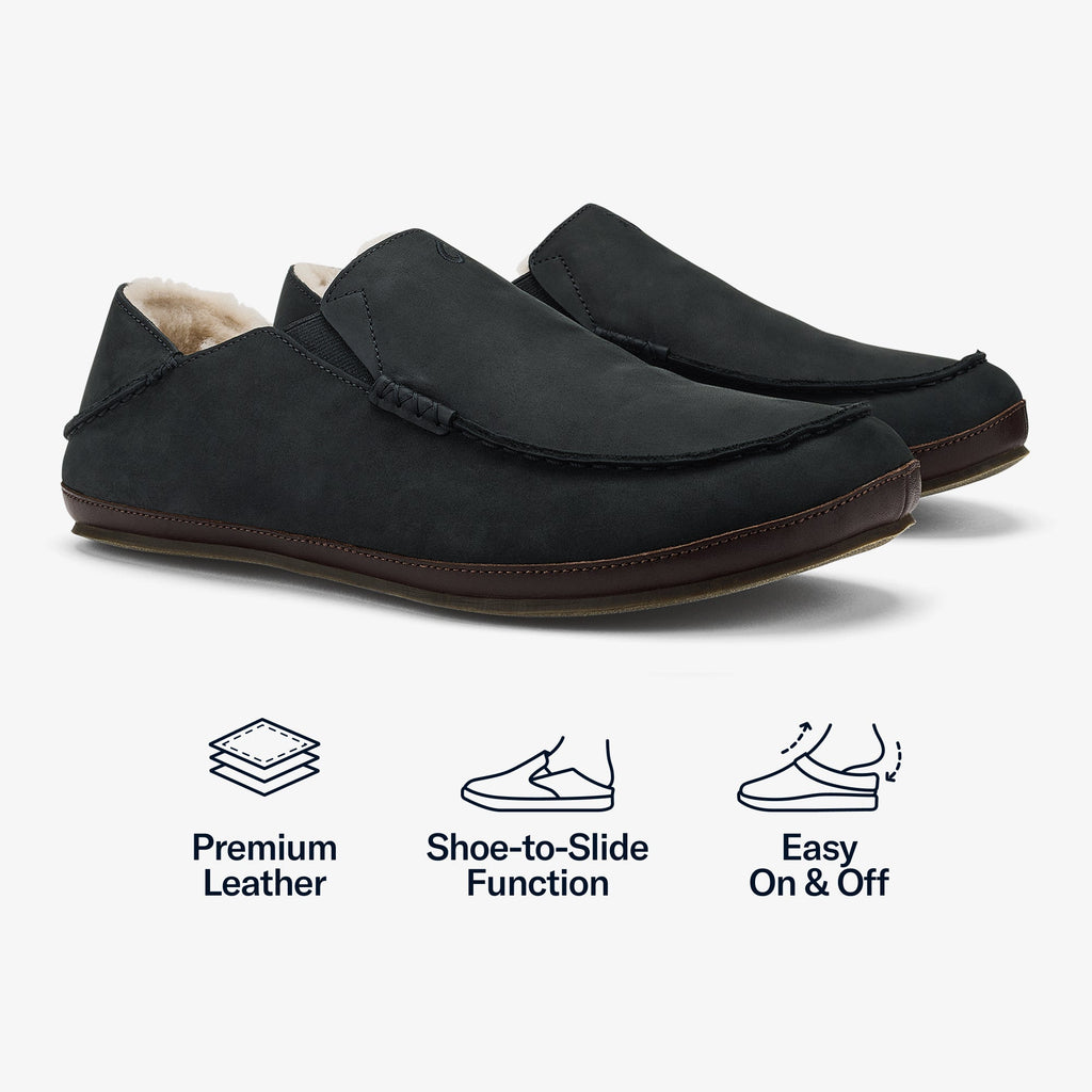Moloa Men's Leather Slippers - Black / Dk Java