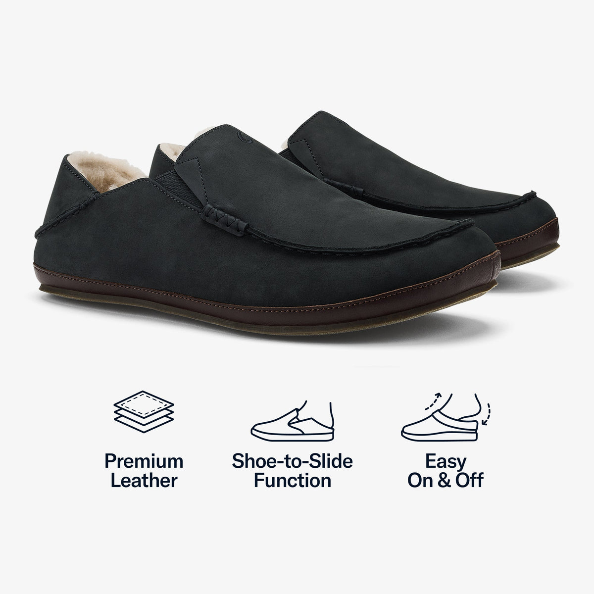 Moloa Men's Leather Slippers - Black / Dk Java
