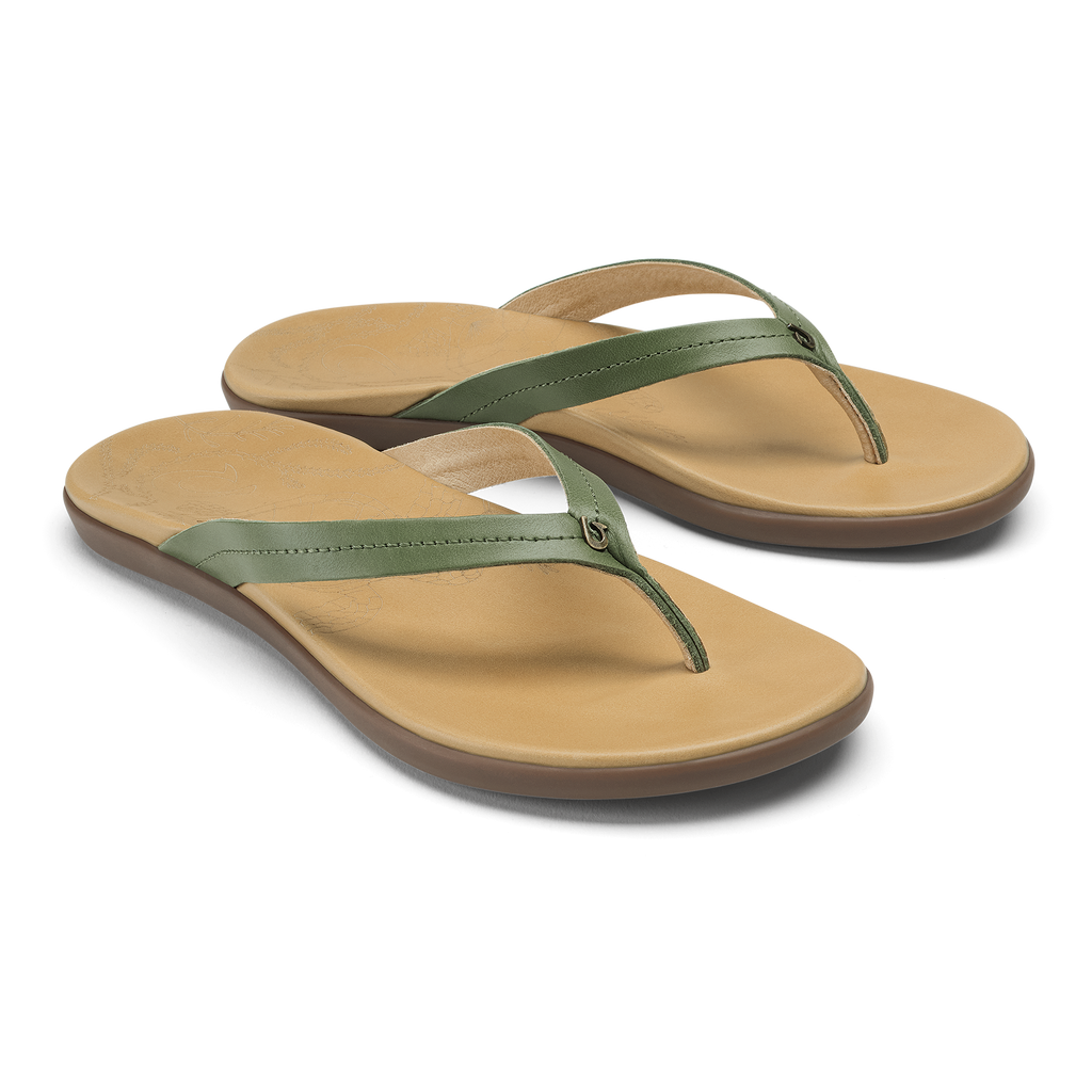 Honu Women's Leather Beach Sandals - Green Olive / Golden Sand