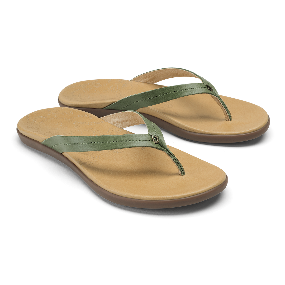 Honu Women's Leather Beach Sandals - Green Olive / Golden Sand