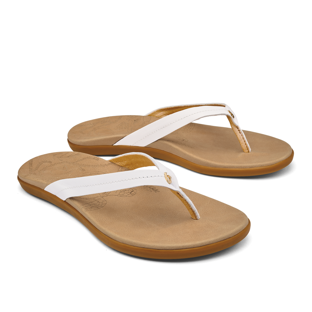 Honu Women's Leather Beach Sandals - Bright White / Golden Sand