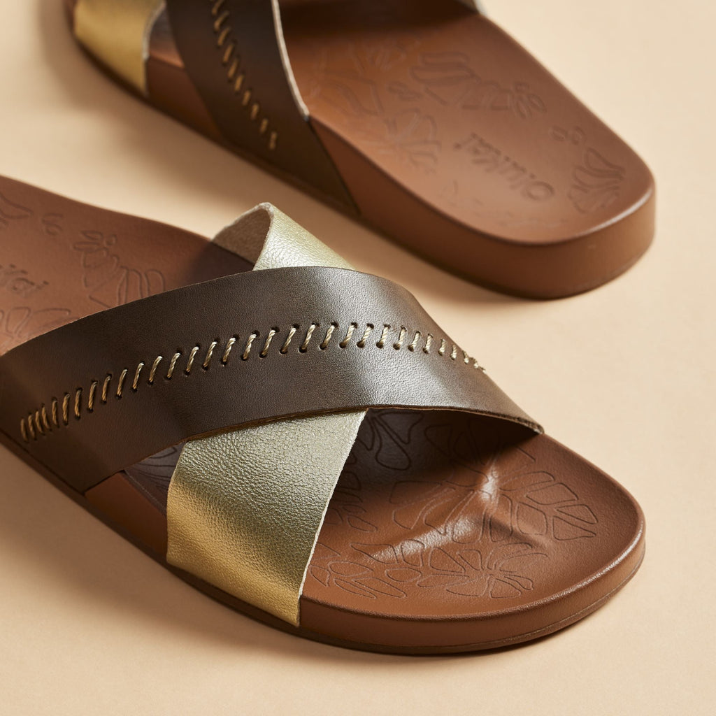 Kipea Olu Women's Leather Slide Sandals - Wheat Gold / Toffee