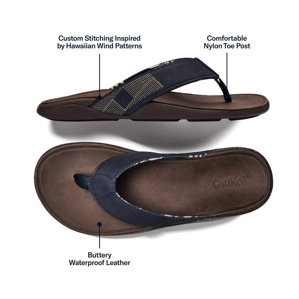 Tuahine Men's Leather Sandals - Trench Blue / Dark Wood