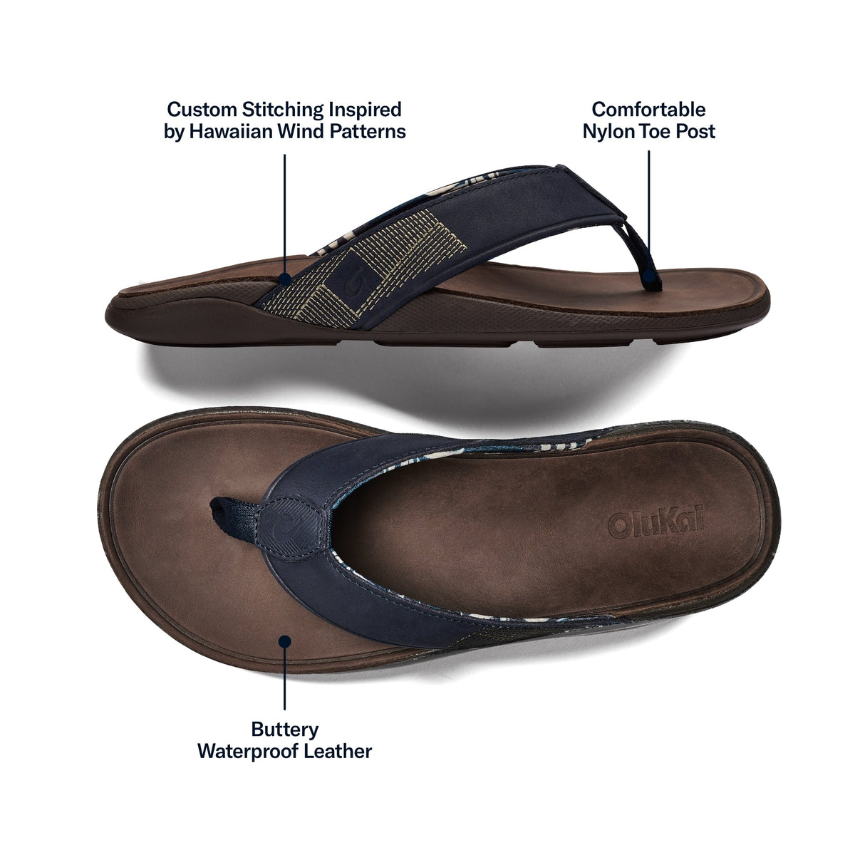 Tuahine Men's Leather Sandals - Trench Blue / Dark Wood
